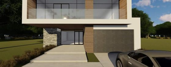 Modern two-story house with large windows, a stone accent wall, and a flat roof. A driveway leads to a garage, with a car parked in front. The house is surrounded by grass and trees.