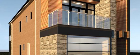 Modern two-story house with a mix of wood and stone exterior, glass balcony, large windows, and a garage with a car inside.