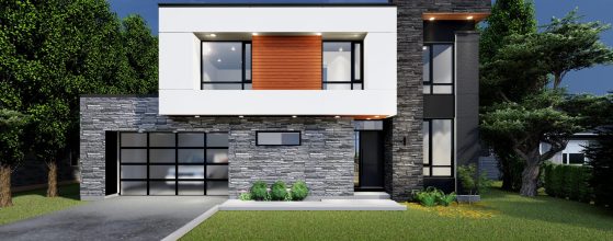 Modern two-story house with a mix of stone and white exterior, large windows, a driveway, and green lawn surrounded by trees.